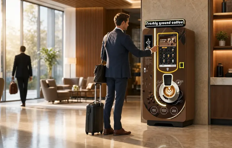 Máquina real de café recién molido con pantalla táctil
